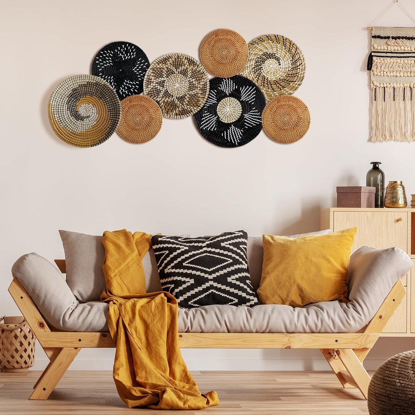 Xuhal Set of 8 Hanging Woven Wall Basket Handmade Decorative Rustic Boho Basket Decor Handcrafted Wicker Round Seagrass Wall Art for Home Kitchen Farmhouse Table Living Room(Vintage)