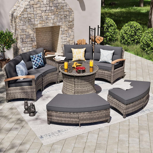 8 Piece Outdoor Patio Furniture Set, Half-Moon Curved Sectional Set with Wood Armrests, Patio Conversation Set, 2 Half-Moon Ottomans, Round Table & Side Table (Grey)