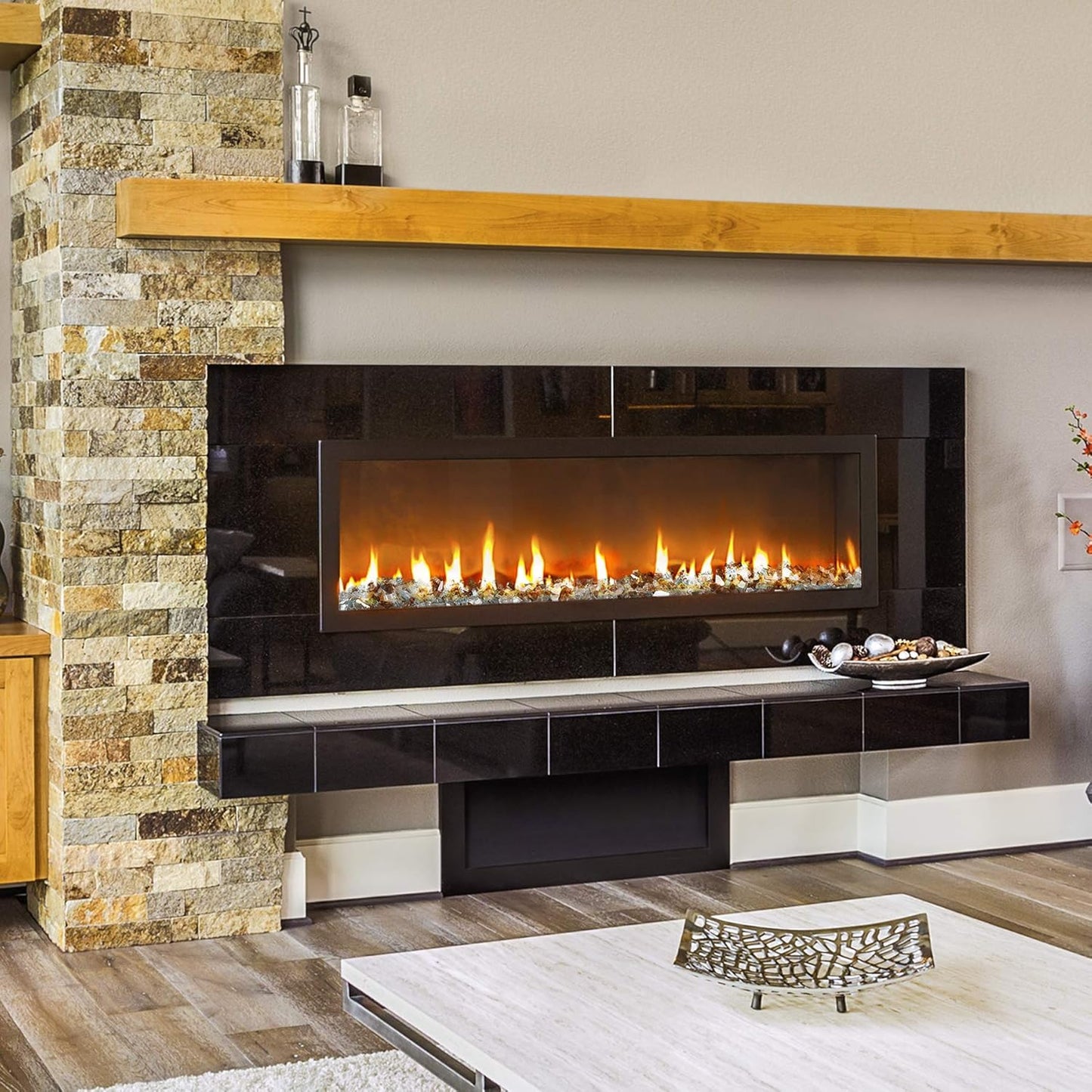 Mr. Fireglass Blended Reflective Fire Glass for Fire Pit Fireplace and Landscaping, 10 Pounds 1/4 Inch Mixed Colored High Luster Fireglass Rocks for Outdoor and Indoor Use Aqua Blue+Copper+Platinum