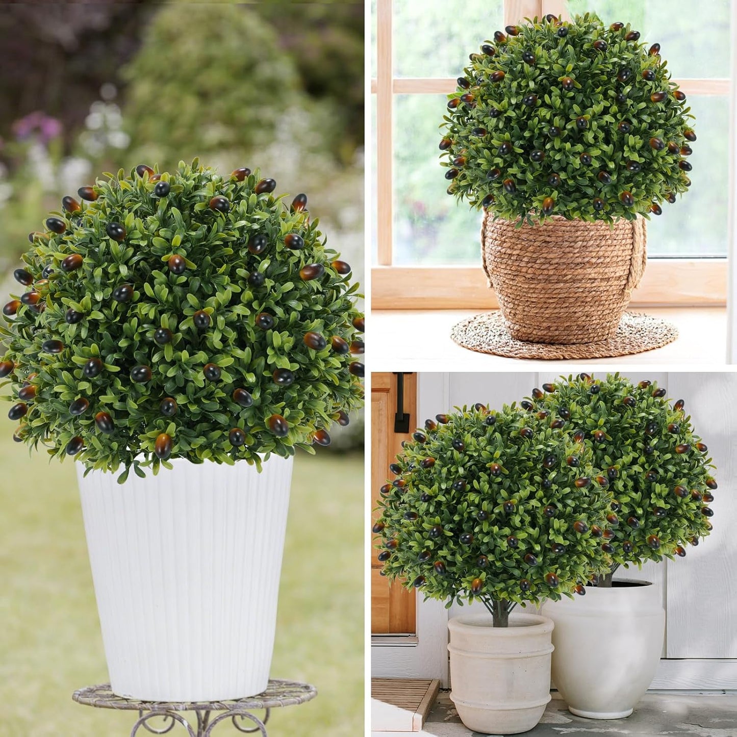 Artificial olive Topiary Ball Tree 24" with Ground Spike, Set of 2 Artificial Boxwood Bushes for Faux Shrubs, Fake Evergreen Faux Plant for Indoor Outdoor Porch Garden -UV Resistant–Fade-Proof