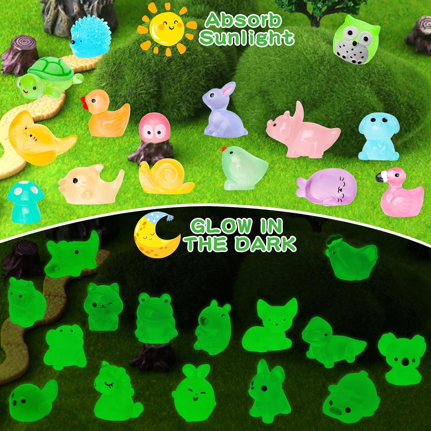 200pcs Luminous Mini Resin Animals 30 Types Miniature Resin Animal Figurines to Hide Bulk Glow in The Dark Tiny Ducks Frogs Small Cat Bunnies for Fairy Garden Micro Landscape Dollhouse Accessories