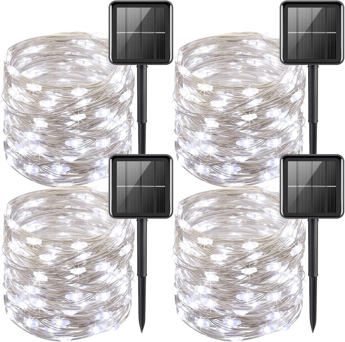 YEGUO White Solar Fairy Lights Outdoor Waterproof, 4 Pack Each 33ft 100 LED String Light, 8 Modes Silver Wire Twinkle Lights