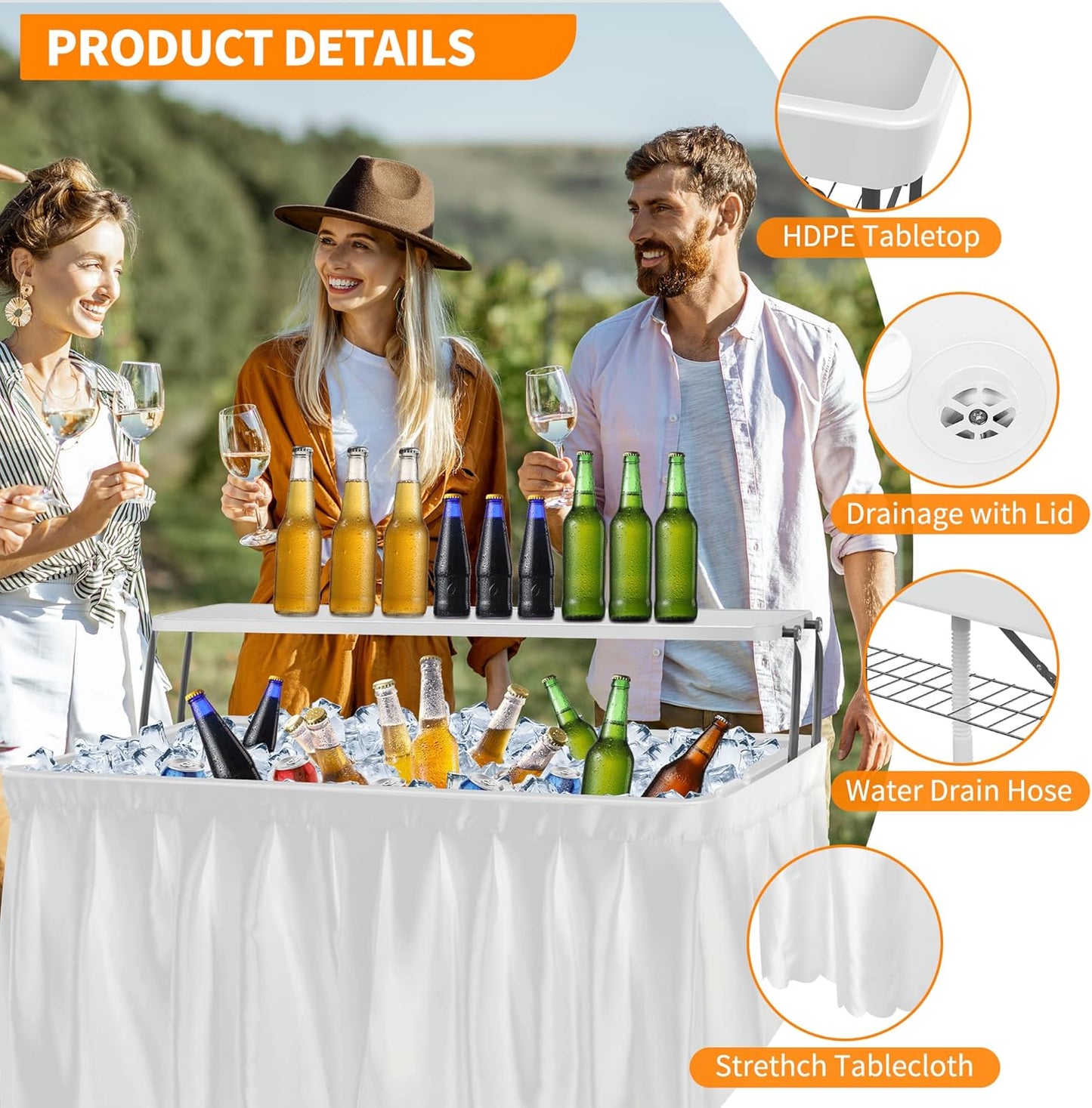 Portable Folding Ice Cooler Table - 2 Tier Outdoor Cooler Table with Removable Matching Skirt and Shelf, Ice Tables for Party, Camping, Picnic, Foldable Self-Serving Beverage Cooling Bar(White)