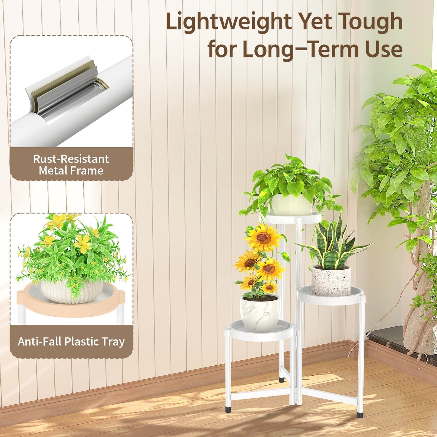 LASZOLA 3 Tiered Folding Plant Stand Indoor for Multiple Large Planter, Tall Heavy Duty Adjustable Rack with Rust Proof Plastic Shelving, Sturdy Vertical Tree Organizer for Narrow Inside Floor, White