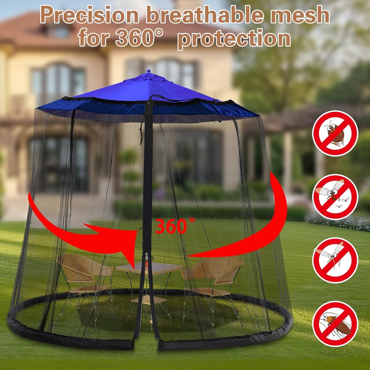 7.5-10FT Patio Mosquito Netting - Mosquito net for Patio Garden and Outdoor Umbrellas with Adjustable Elastic Cord and Zipper Umbrella net