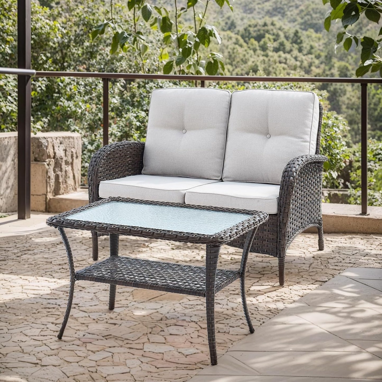 HUMMUH Outdoor Loveseat Sofa 2-Seat PE Wicker Outdoor Couch with Coffee Table, Deep Seat High Back Patio Furniture for Patio, Garden, Porch, Deck (Beige)
