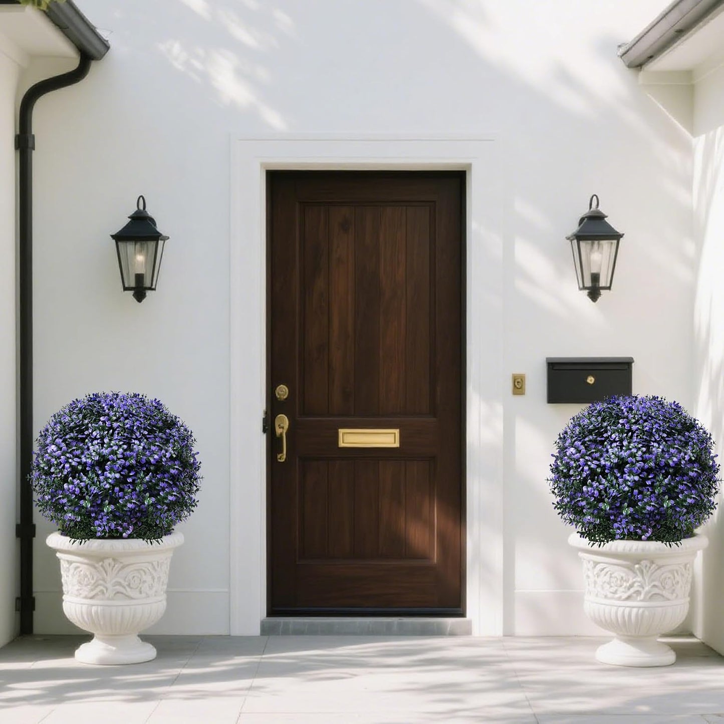 Set of 2 Artificial Boxwood Topiary Ball Trees Outdoor Faux Shrubs Artificial Boxwood Plants with Ground Spike, 24" Lavender Fake Evergreen Tree UV Resistant for Planter,Potted,Fall