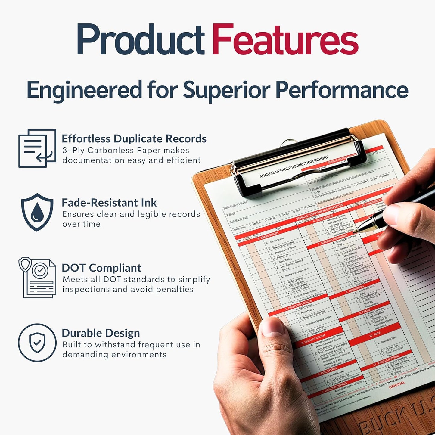 100 Pack 3-Ply Carbonless Annual Vehicle Inspection Report Forms with FMCSA Red Aluminum Adhesive Labels, DOT Inspection Forms and Stickers, Shrink-Wrapped, 8.5" x 11.75" - Made in USA