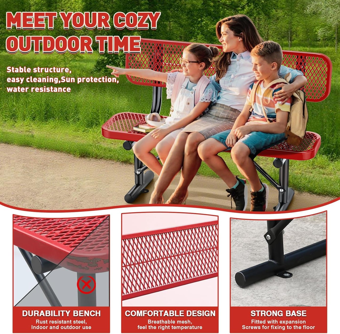4 Feet Heavy Duty Park Bench with Back Portable Frame, Outdoor Steel Bench with Backrest, Expanded Metal Mesh Bench for Lawn, Park, Deck, Garden, Patio, Porch, Red