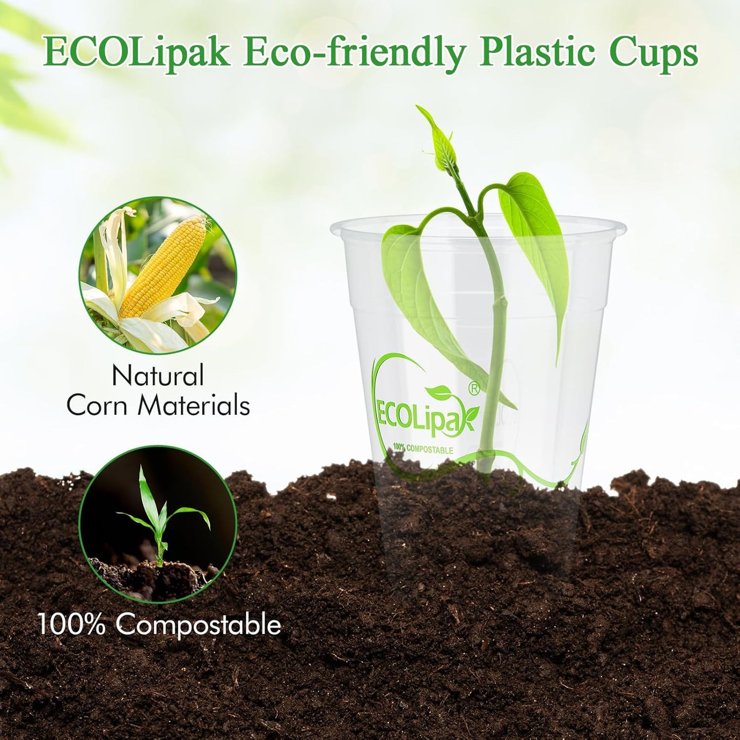 ECOLipak 1000 Count 9 OZ Clear Compostable Plastic Cups, Disposable Plant-Based Biodegradable Drinking Party Cups, PLA Plastic Cold Tumblers for Restaurant, Office, Canteen, Large Gathering