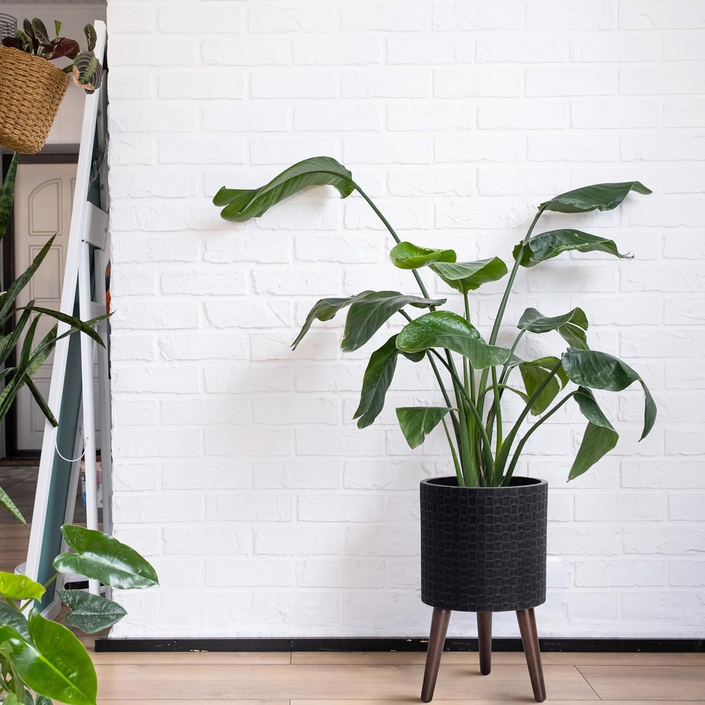 D'vine Dev 10 Inch Modern Geometric Tile Patterned Sleek Planter Pot with Stand, Indoor Outdoor Decorative Plant Holder, Distressed Black, 88-Z-B-5