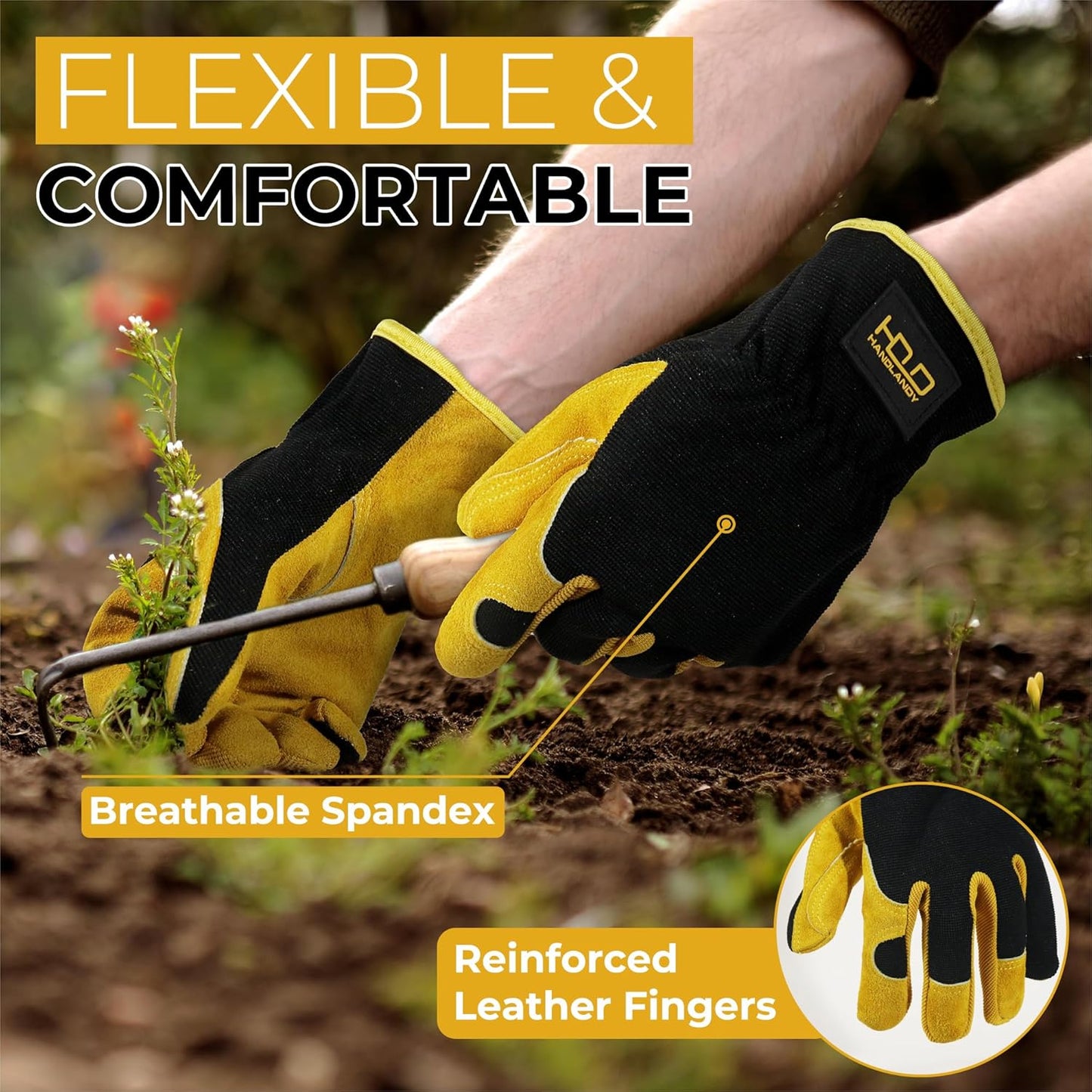HANDLANDY Leather Work Gloves for Men & Women, Reinforced Durable Garden Gloves, Cowhide Working Glove for Gardening