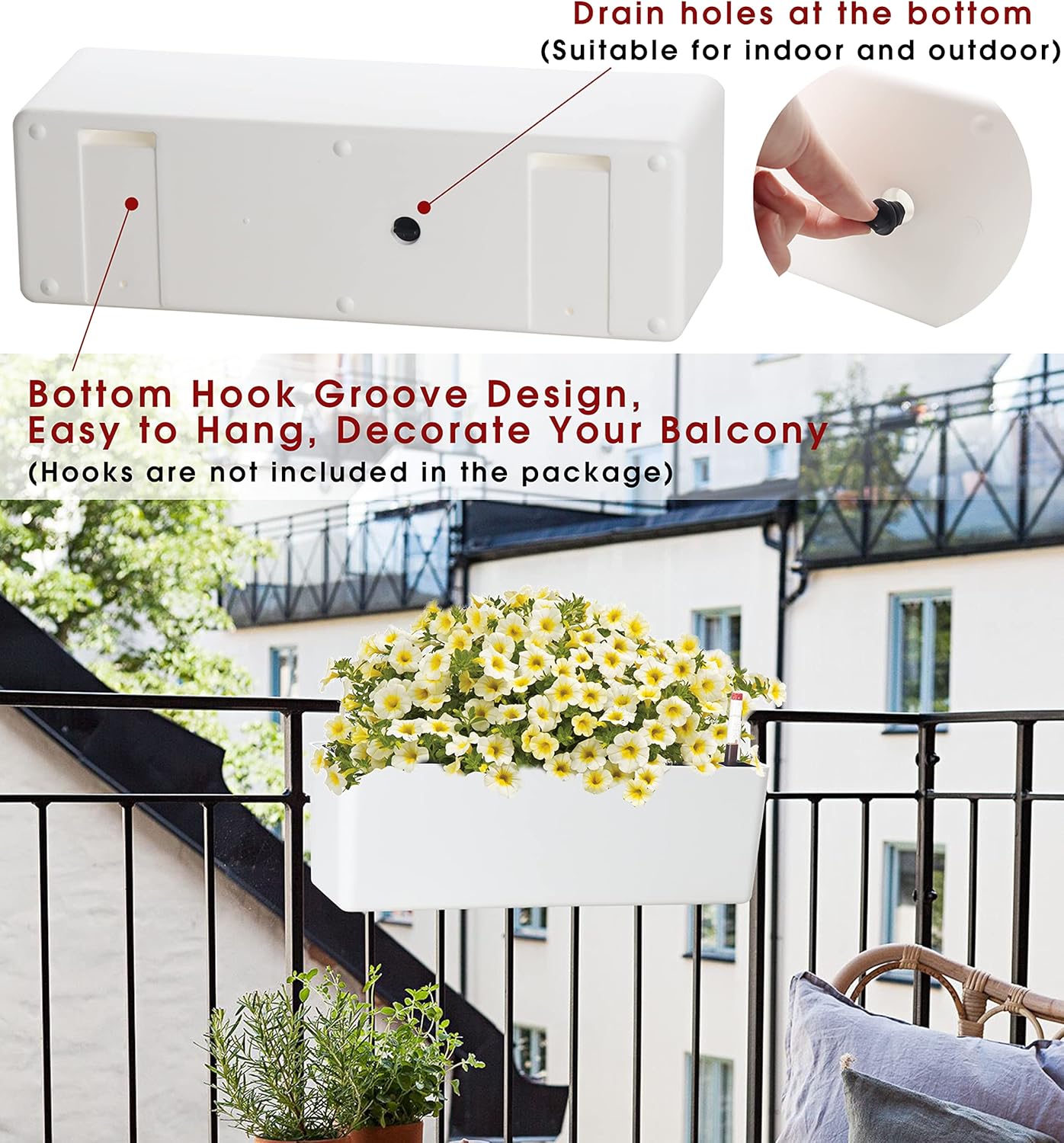 GardenBasix Elongated Self Watering Planter Pots 2-Pack Window Box 5.5 x 16 inch Indoor Home Garden Modern Decorative Planter Pot for All House Plants Flowers Herbs (White,2)