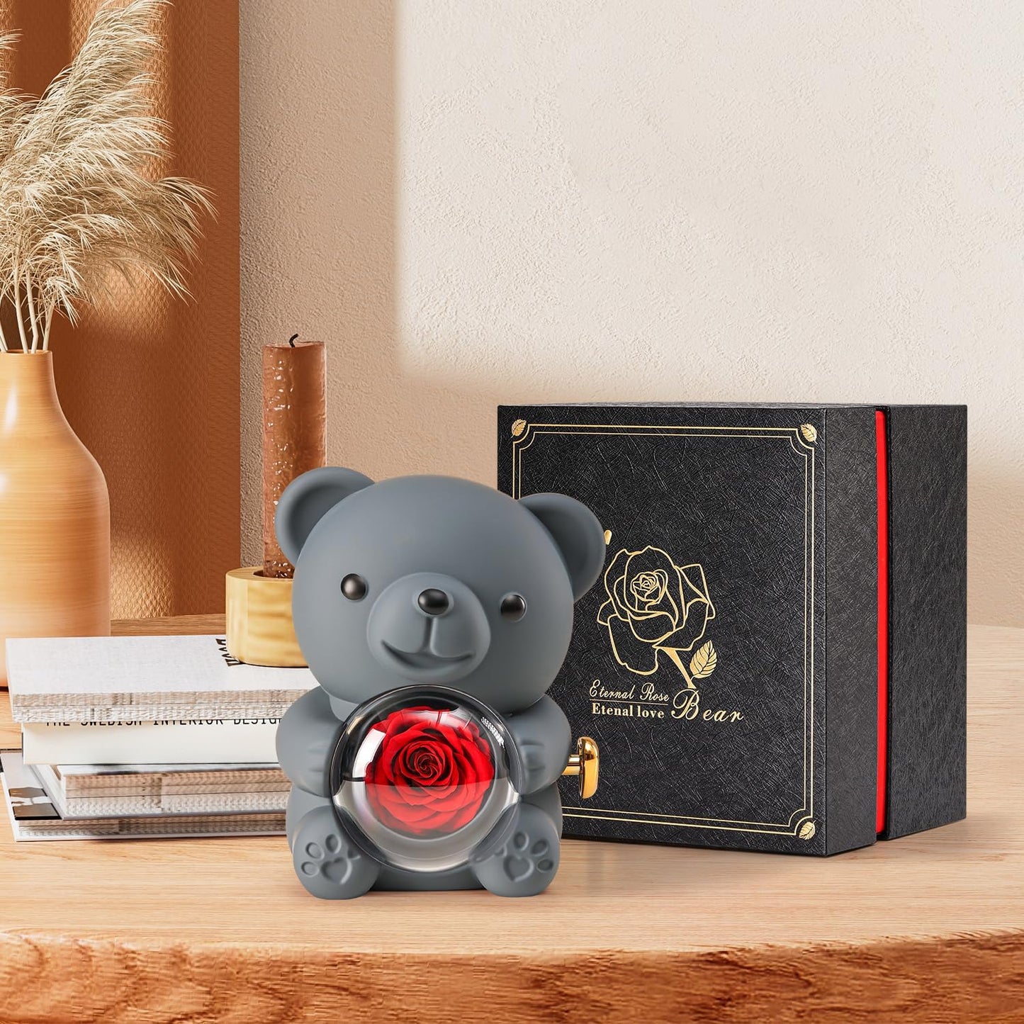 Cute Teddy Bear with Preserved Rose - A Real Rose Flower in Bear with Elegant Gift Box - Romantic Gift for Her in Mother's Day, Weddings, Anniversaries, and Bridal Showers (Grey)