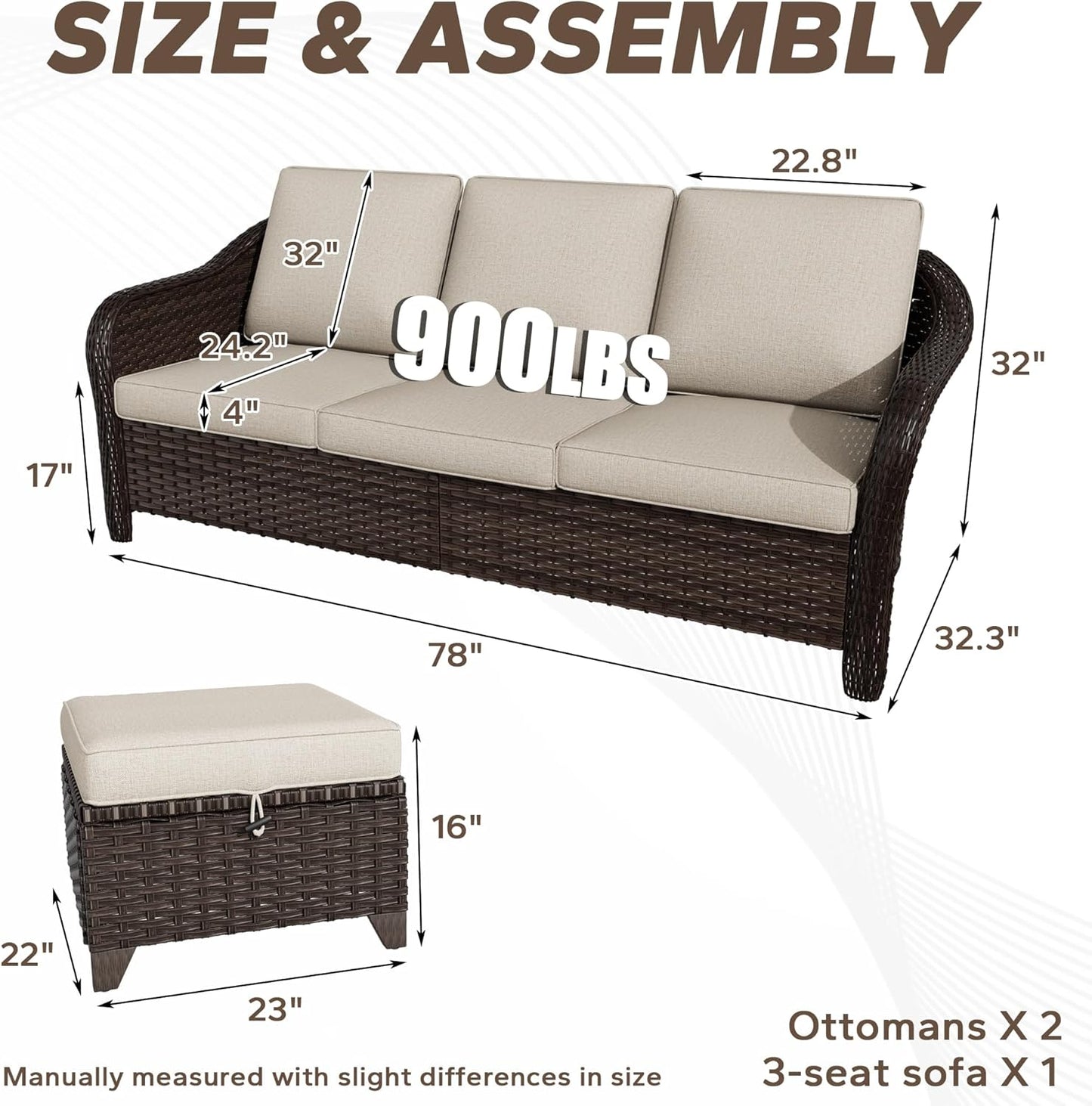 3 Pieces Patio sectional Sofa Set, Outdoor Conversation Furniture Set, 78" 3-Seat Couch with 2 Ottomans, 47" Metal Coffee Table, Rattan Wicker Sofa with Washable Cushions (Beige)