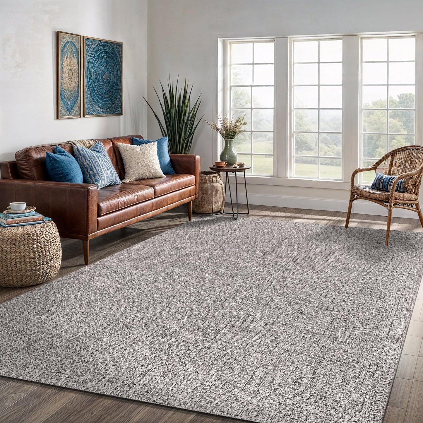 Easy Jute Rug 6x9 Indoor Outdoor Natural Rugs Solid Fiber Rug Woven Area Rug Boho Easy Clean Inside Carpet for Living Room Bedroom Dining Room Hallway or Outdoor Patio Porch (6 X 9 Silver)
