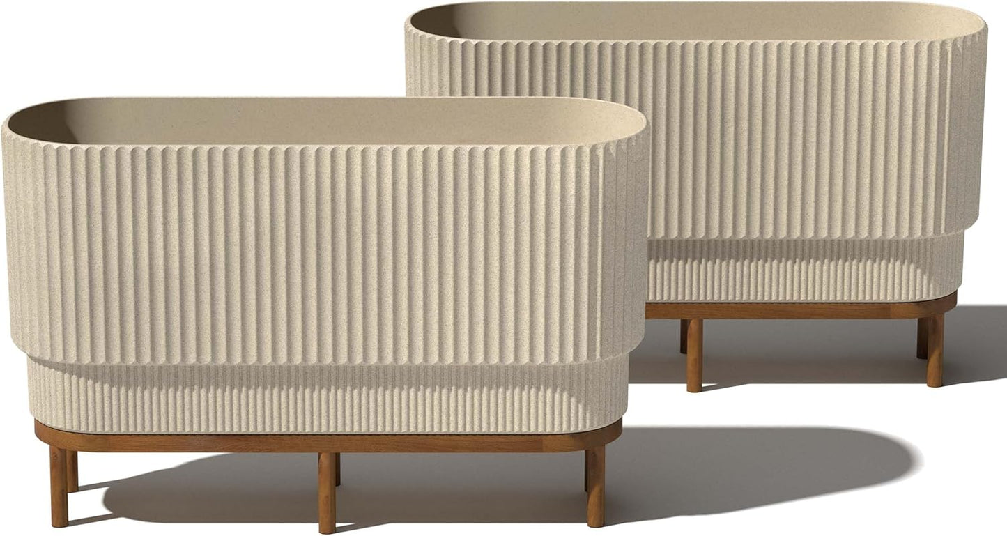 Veradek Demi Series Raised Long Planter for Indoor/Outdoor Use | Made from Plastic & Stone w/Wooden Stand | Modern Patio Décor for Flowers/Shrubs