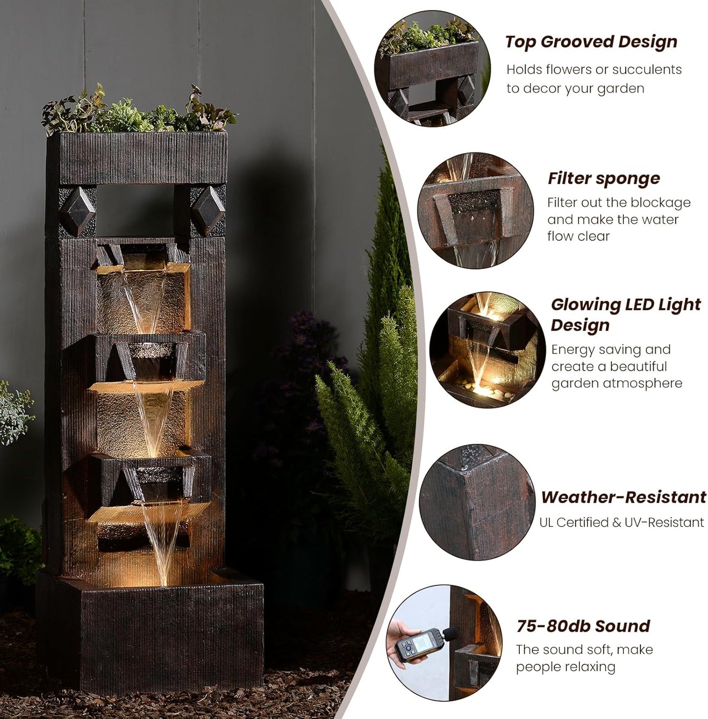 40.9" H 4-Tier Indoor/Outdoor Modern Water Fountain with Led Lights and Pump, Outdoor Freestanding Cascading Waterfall - Suitable for Garden, Patio, Porch, Yard and Outdoor Decor (Brown)