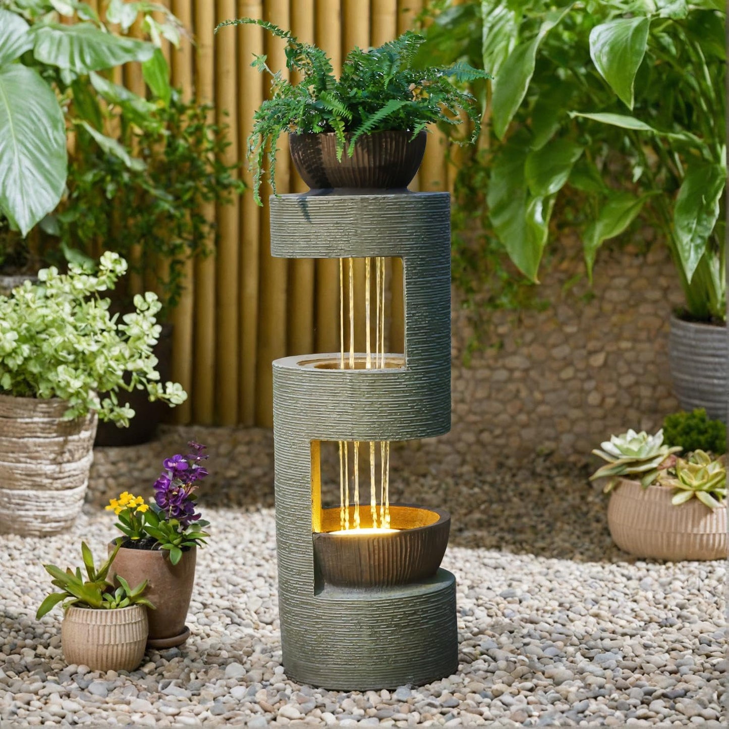 37.8" Outdoor Fountain with Waterfall & LED Lights, Freestanding Garden Water Fountain for Patio/Backyard, Resin Tiered Fountain with Pump