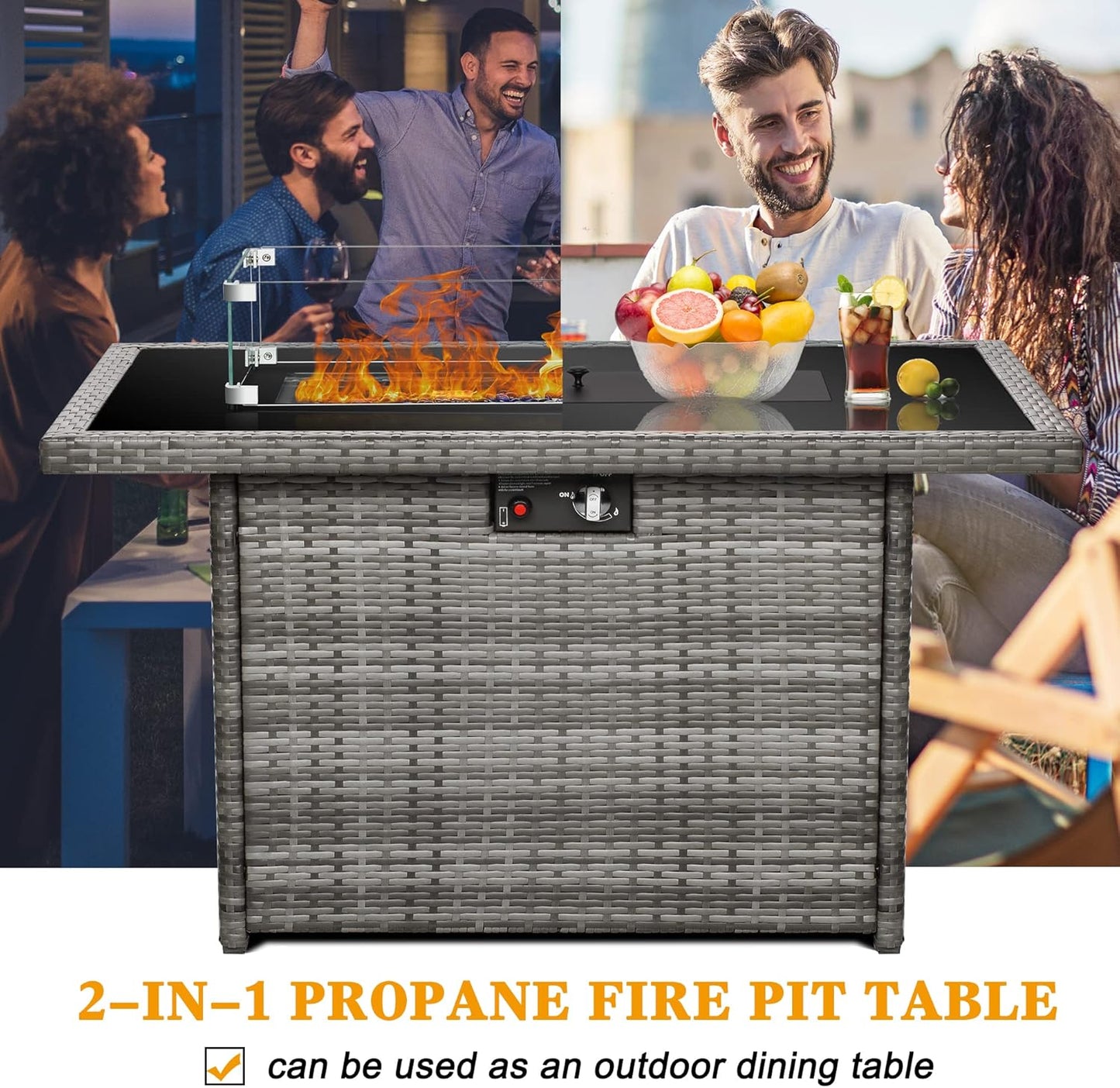 LayinSun 44" Propane Gas Fire Pit Table, 55000 BTU Rectangular Fire Pit with Glass Wind Guard for Outside Patio Deck Garden Backyard