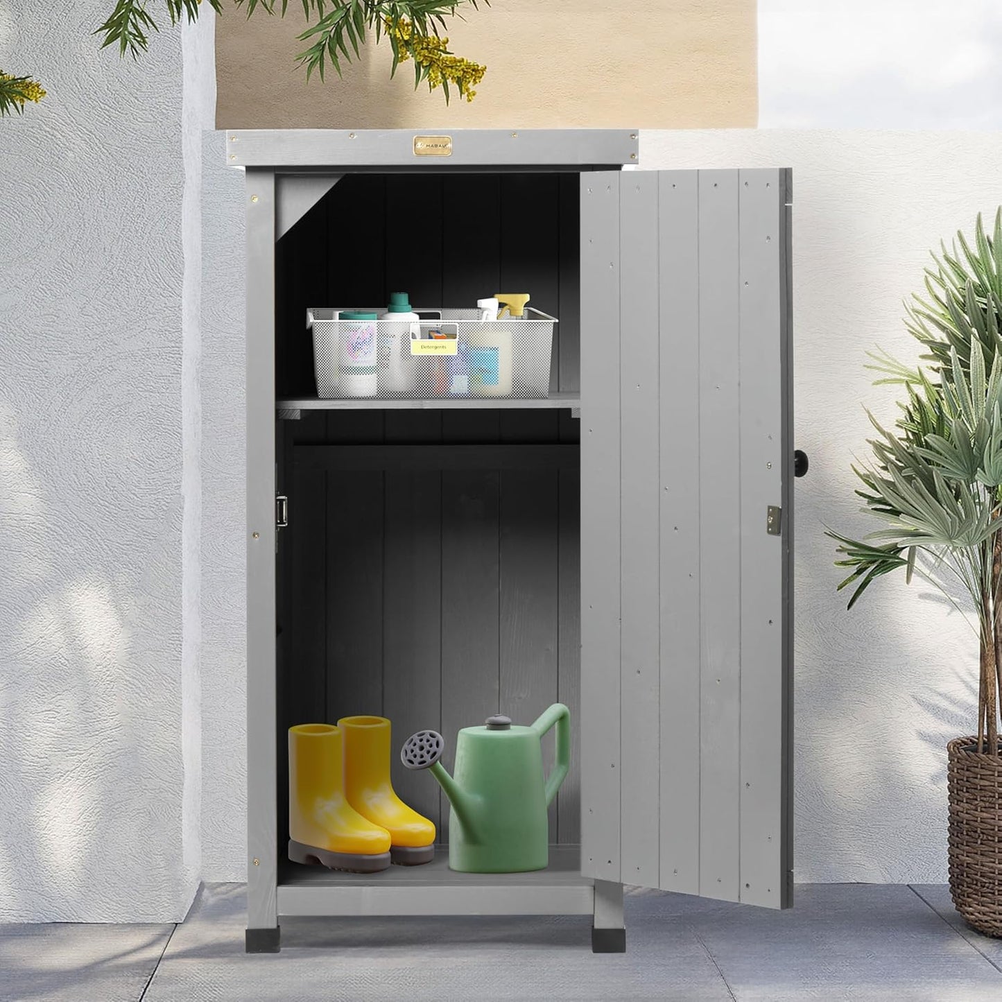 Outdoor Storage Cabinet for Patio, Garden Potting Bench Table with Shelves & Metal-Tabletop, Wooden Planting Work Station, Weatherproof