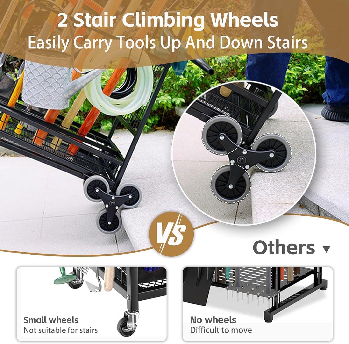 Lauren&Harold Garden Tool Organizer for Garage, Yard Tools Storage Rack with 2 Stair-Climbing Wheels, Gardening Tool Storage Holder for Garage, Yard, Lawn and Outdoor, Garden Tool Rolling Cart