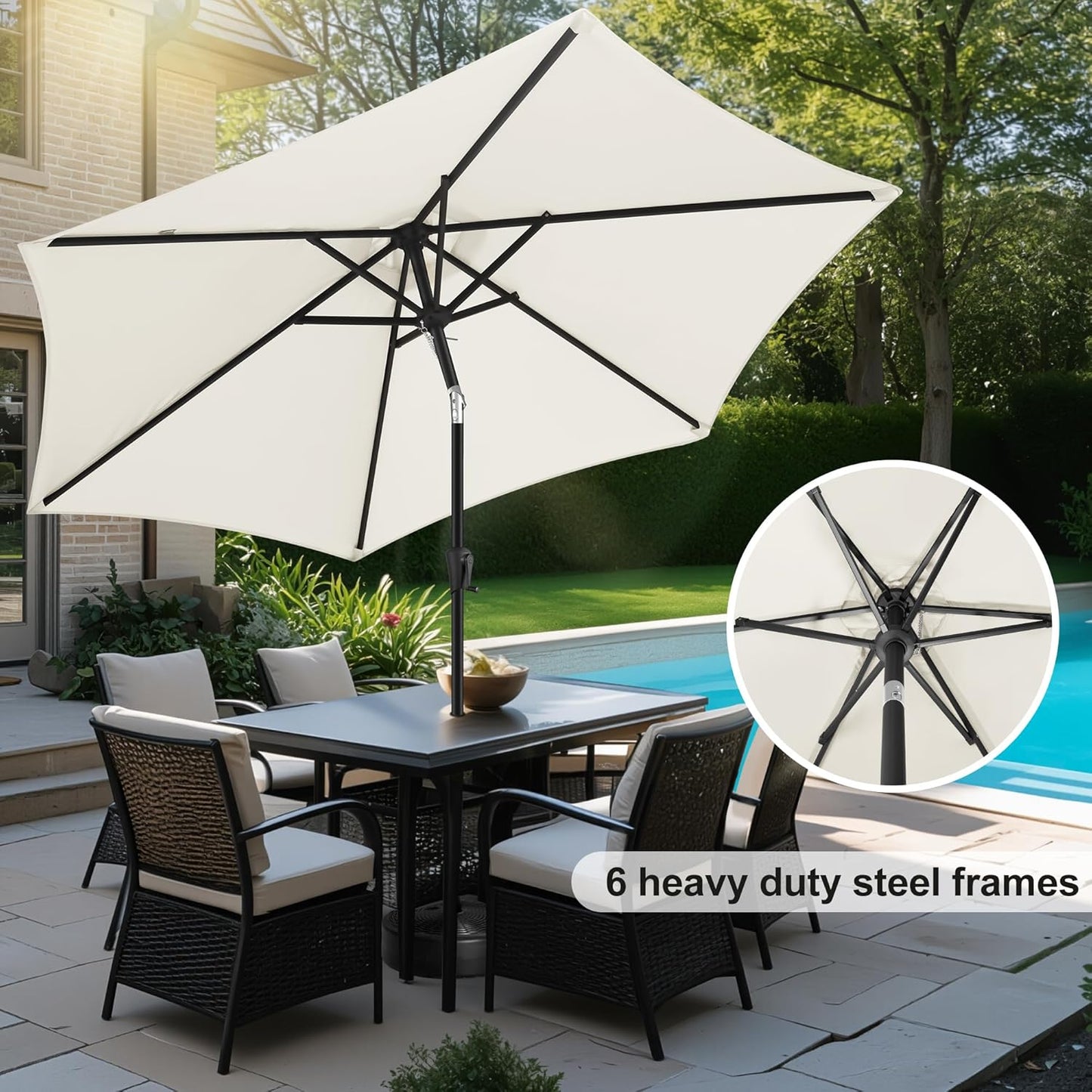 FLAME&SHADE 10ft Patio Umbrella - Outdoor Umbrella with 6 Sturdy Ribs, Push Button Tilt and Crank, UV Protection Table Market Umbrella for Pool, Porch，Garden, Deck, Backyard (Ivory)