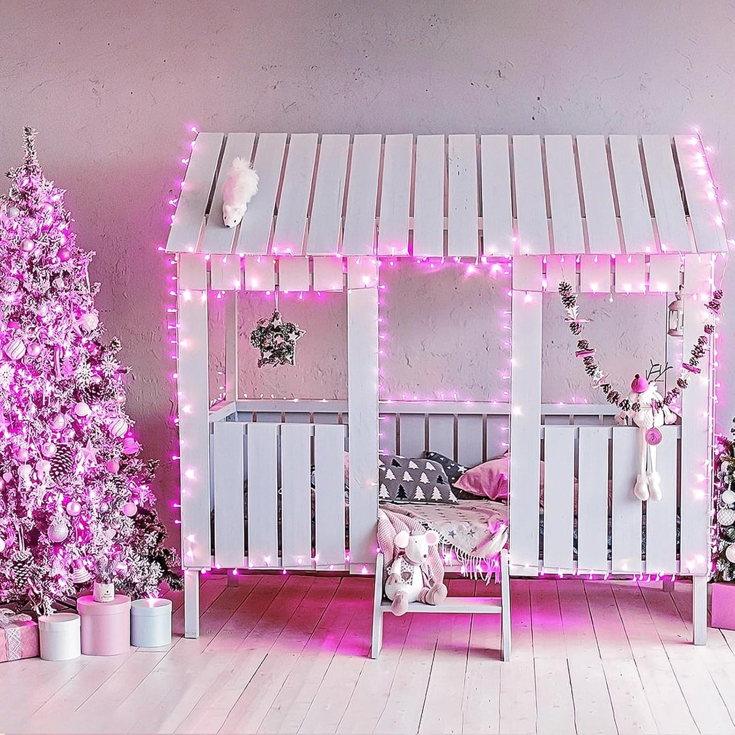 JMEXSUSS Connectable 100 LED Room Lights, 33ft 8 Modes Pink Christmas Lights Clear Wire, Plug in Pink String Lights Indoor Outdoor for Room Decor Christmas Tree Bedroom Valentines Party