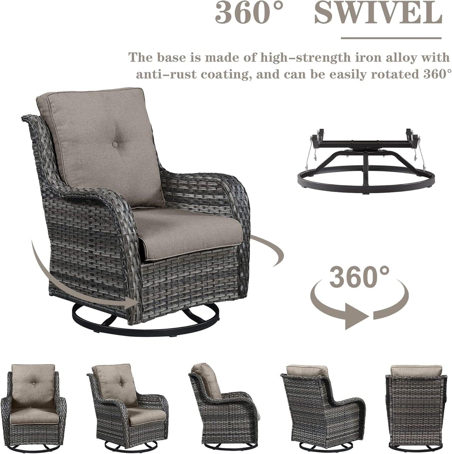 Outdoor Patio Furniture Set with 50000BTU Propane Fire Pit Table, 4 Pieces Wicker Patio Conversation Set with 2 Swivel Rocker Glider Chairs Rattan Sofa Grey Cushion Perfect for Gathering