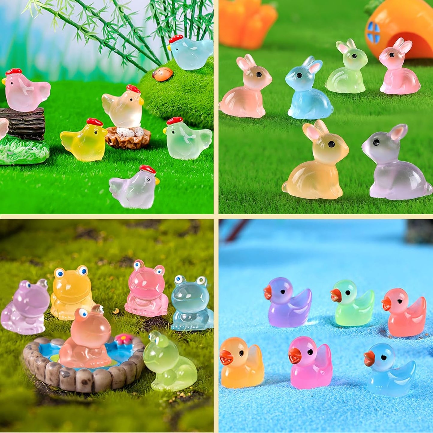Mini Resin Animals Figures to Hide 72 PCS Luminous Tiny Miniature Figurines Bulk Glow in The Dark Include Baby Ducks Small Chicken Rabbits Frogs for Garden Micro Landscape Aquarium Potted Dollhouse