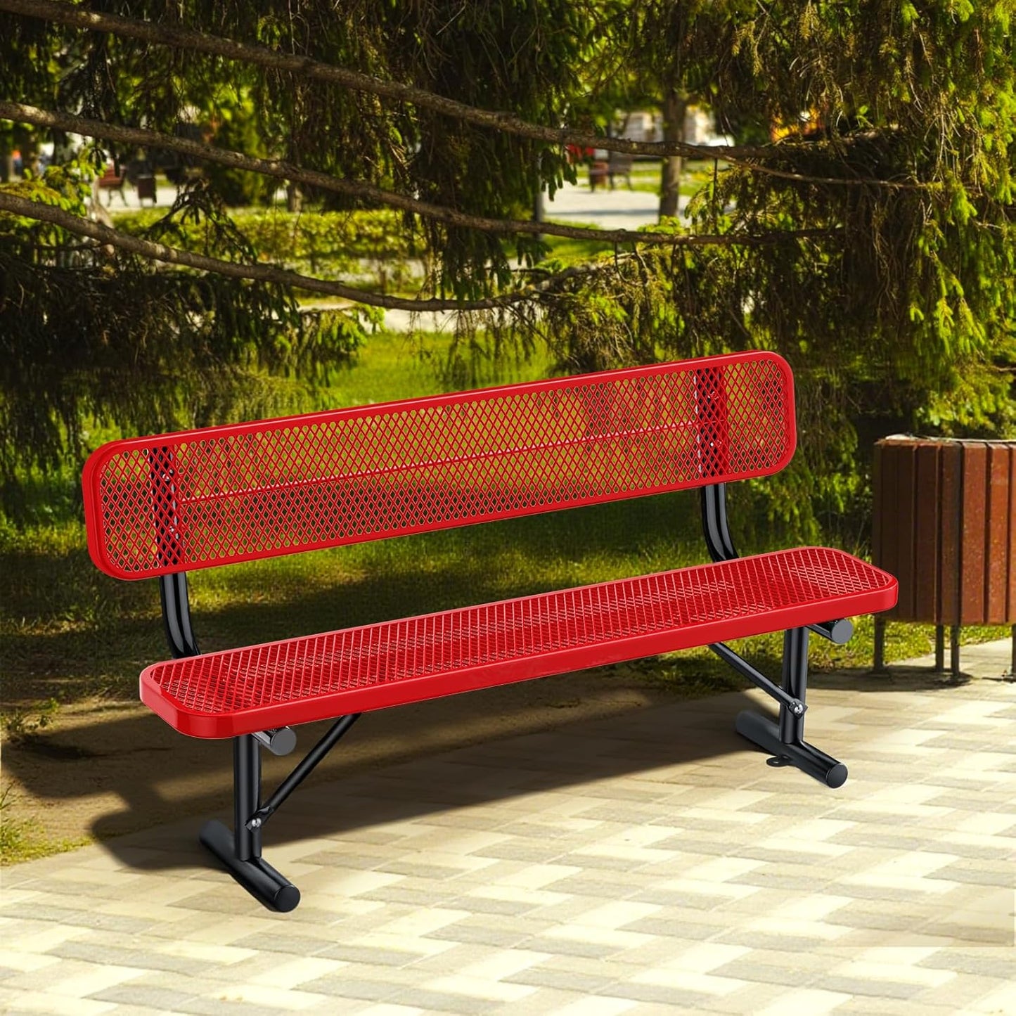 6Ft Heavy Duty Park Bench with Back Portable Frame, Outdoor Steel Bench with Backrest, Expanded Metal Mesh Bench for Lawn, Park, Deck, Garden, Patio, Porch, Red