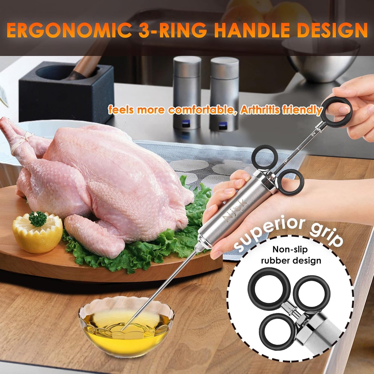 Stainless Steel Meat Flavor Injector Kit, 2-oz Large Capacity with 3 Professional Needles, Marinade and Seasoning Injector Syringe for Beef, Turkey, Brisket, Sturdy and Heavy-duty for BBQ Grill