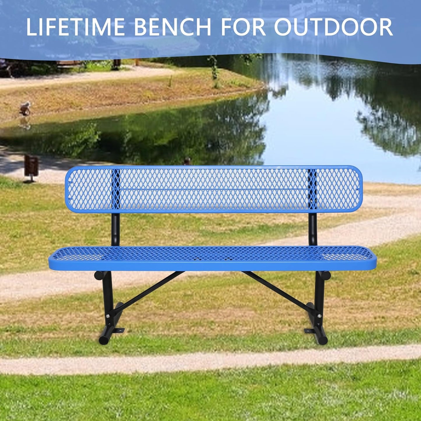 8 Feet Heavy Duty Metal Park Bench for Outside, Outdoor Steel Bench with Backrest & Portable Frame, Commercial Benches for Shopping Malls/Stores/Parks/Patios/Decks/School,Blue