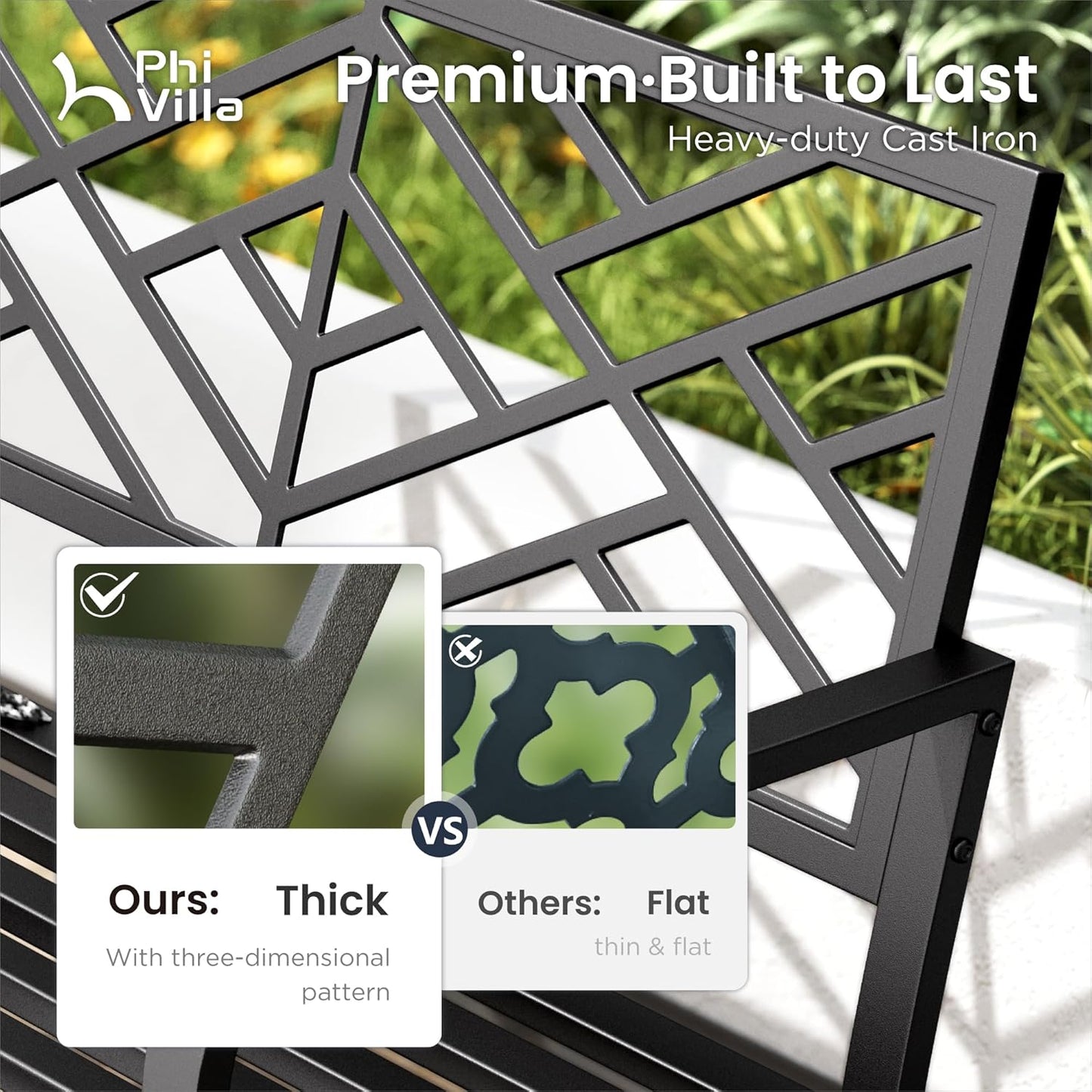 PHI VILLA 43 Inch Cast Iron Steel Frame Outdoor Garden Bench, Patio Furniture Chair Bench w/Line Pattern Design Backrest, Slatted Seat for Park, Yard, Porch - Black