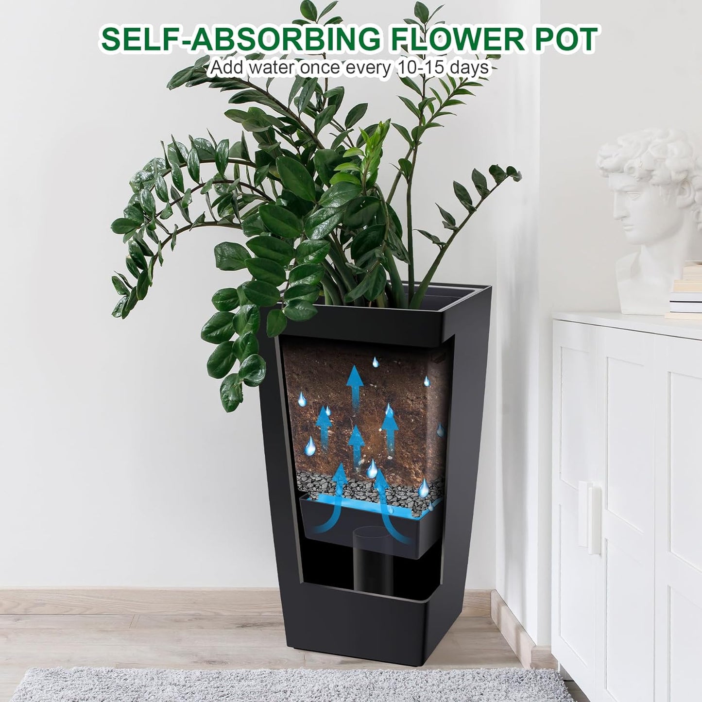 30" Tall Planters Set of 2, Outdoor＆Indoor Black Planter Pots, High Front Porch Planter Pots with Drainage Holes＆Water Level Monitor Movable Wheels ＆Inner Bucket, Automatic Watering,Black