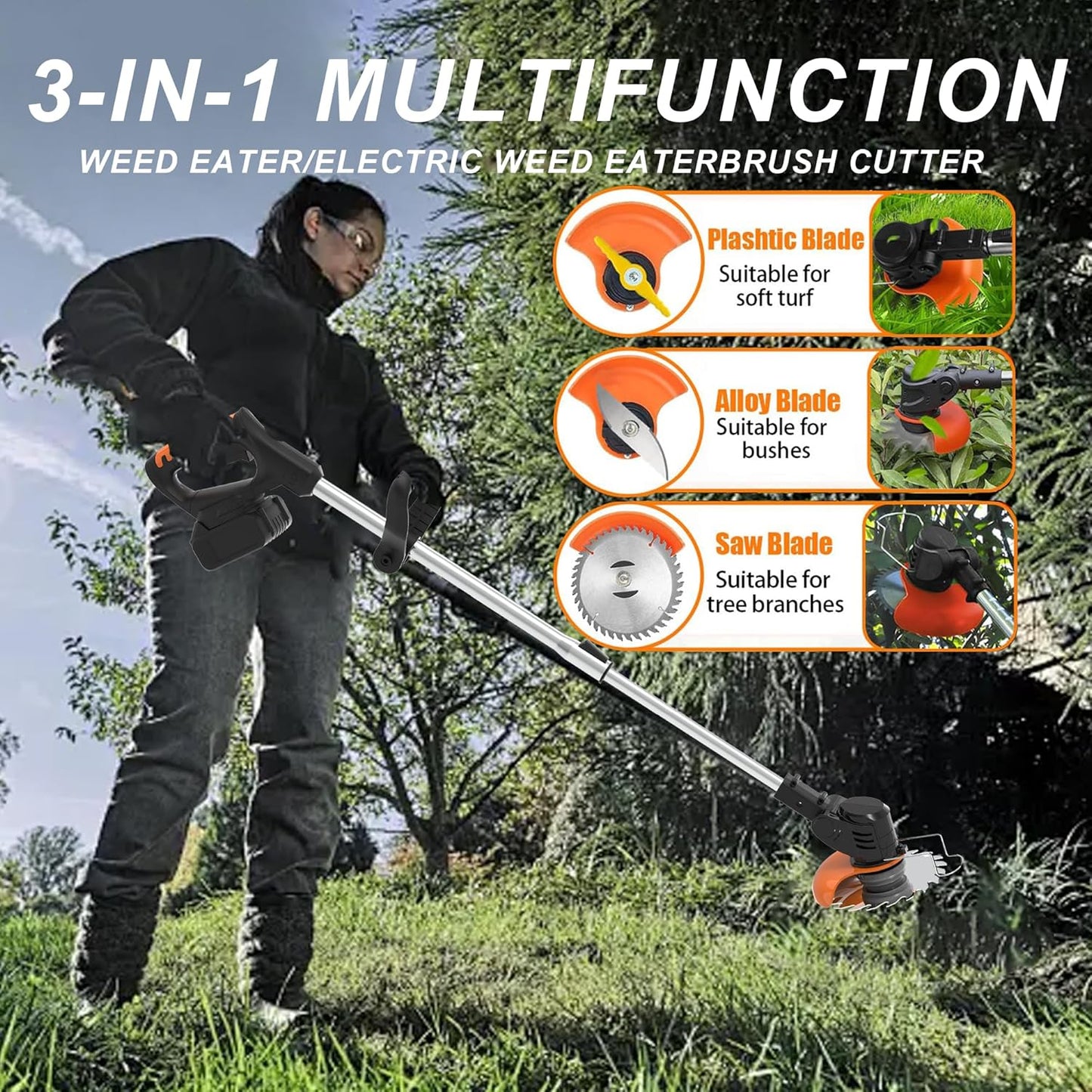 Electric Weed Wacker Lightweight 21V with 2 Li-ion Batteries Cordless Weed Wacker 1 Charger and 16 Blades, for Yard, Lawn, Garden, Shrub Trimming (Black)