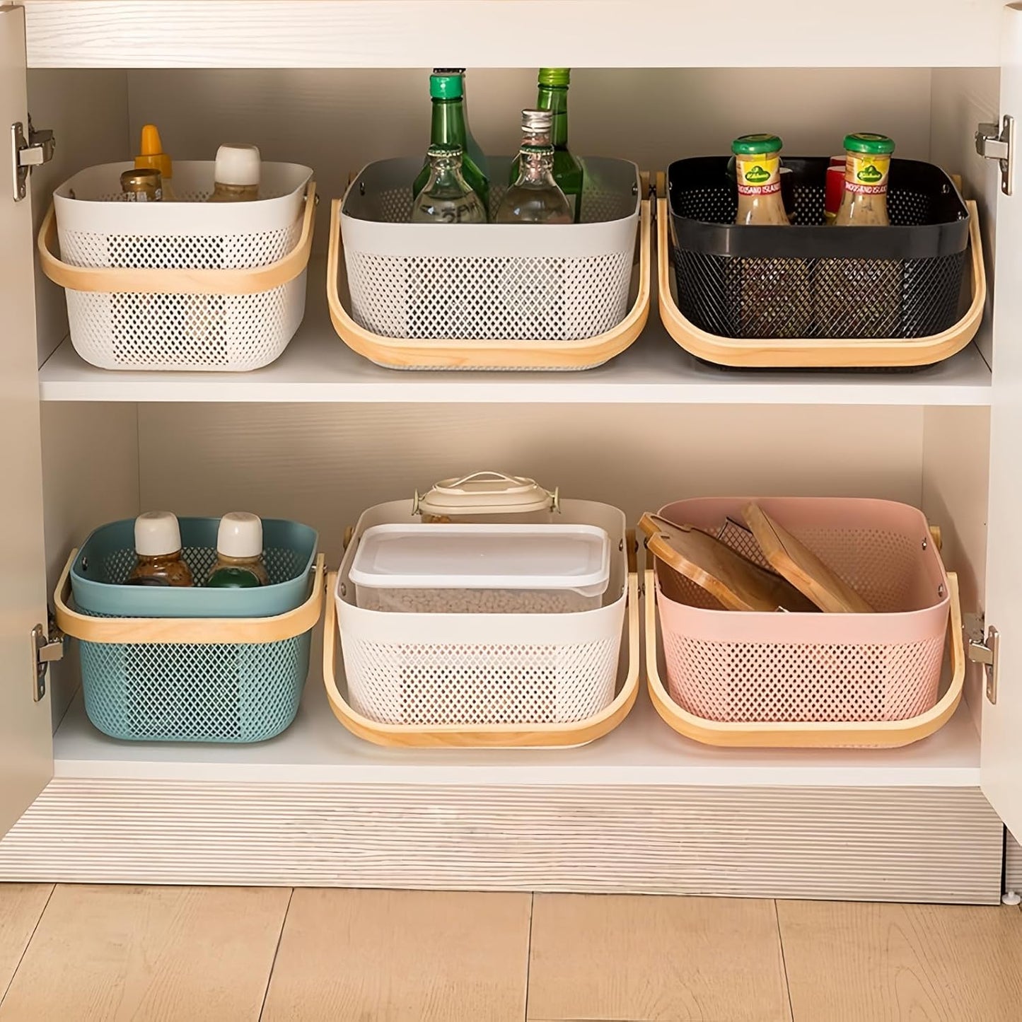 3pcs plastic harvest baskets, foldable wooden handles, rectangular garden storage baskets, for picking and collecting vegetables and fruits in the garden cabinet (Pink)