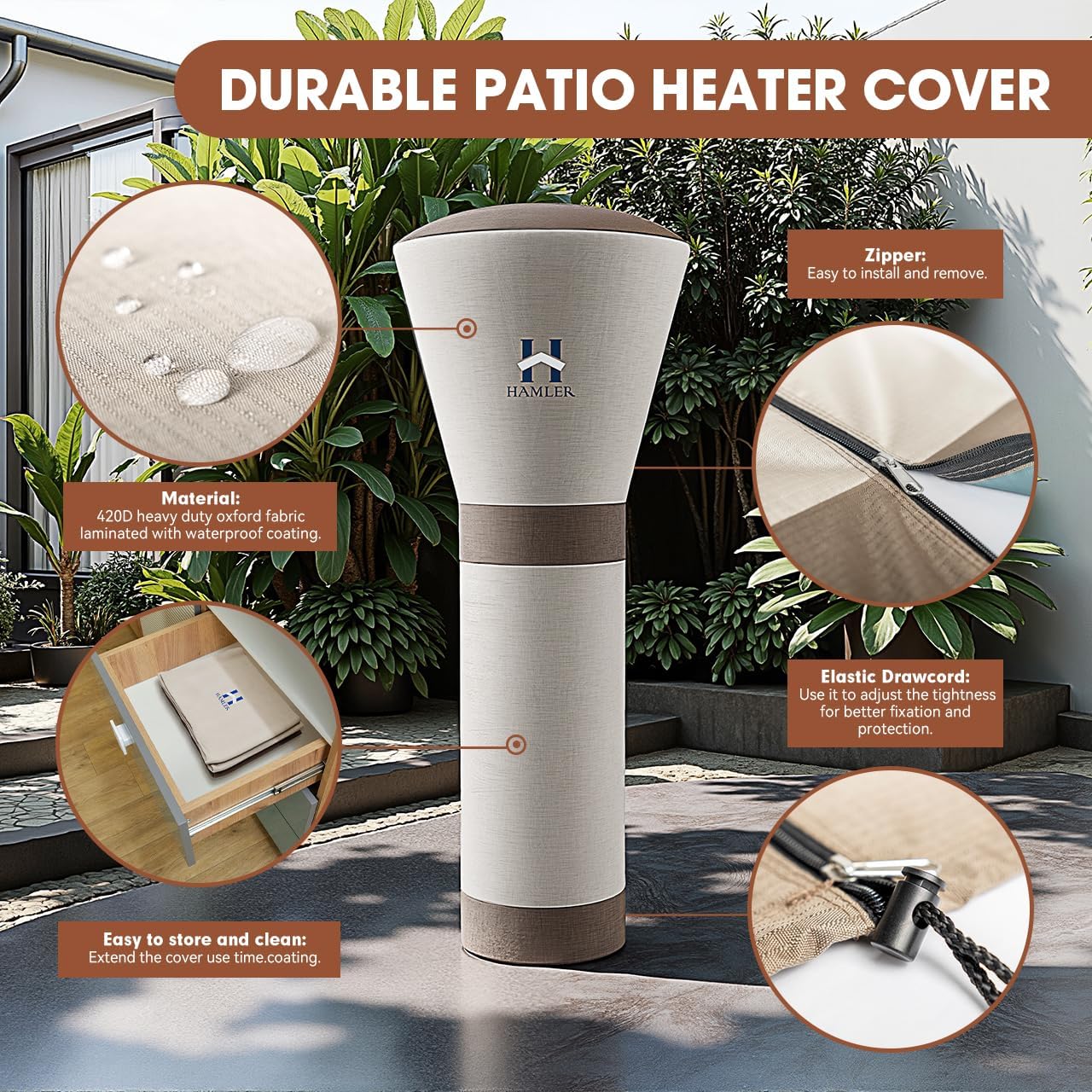 HAMLER Patio Heater Covers, Outdoor Heater Covers Waterproof with Zipper, Outdoor Patio Heater Cover Fits up to 89"H x 33"W x 19"W, Heavy Duty Heater Covers for Standing Heater, Brown & Beige