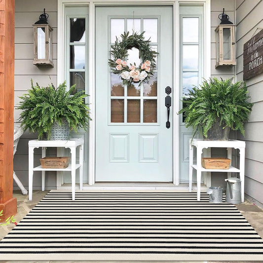 IOHOUZE Black Beige Striped Rug -4'x6' Front Door Rugs Outdoor, Washable Area Rug for Double Front Porch, Large Patio Rug Outdoor Indoor, Doormat for Entryway Porch Entrance