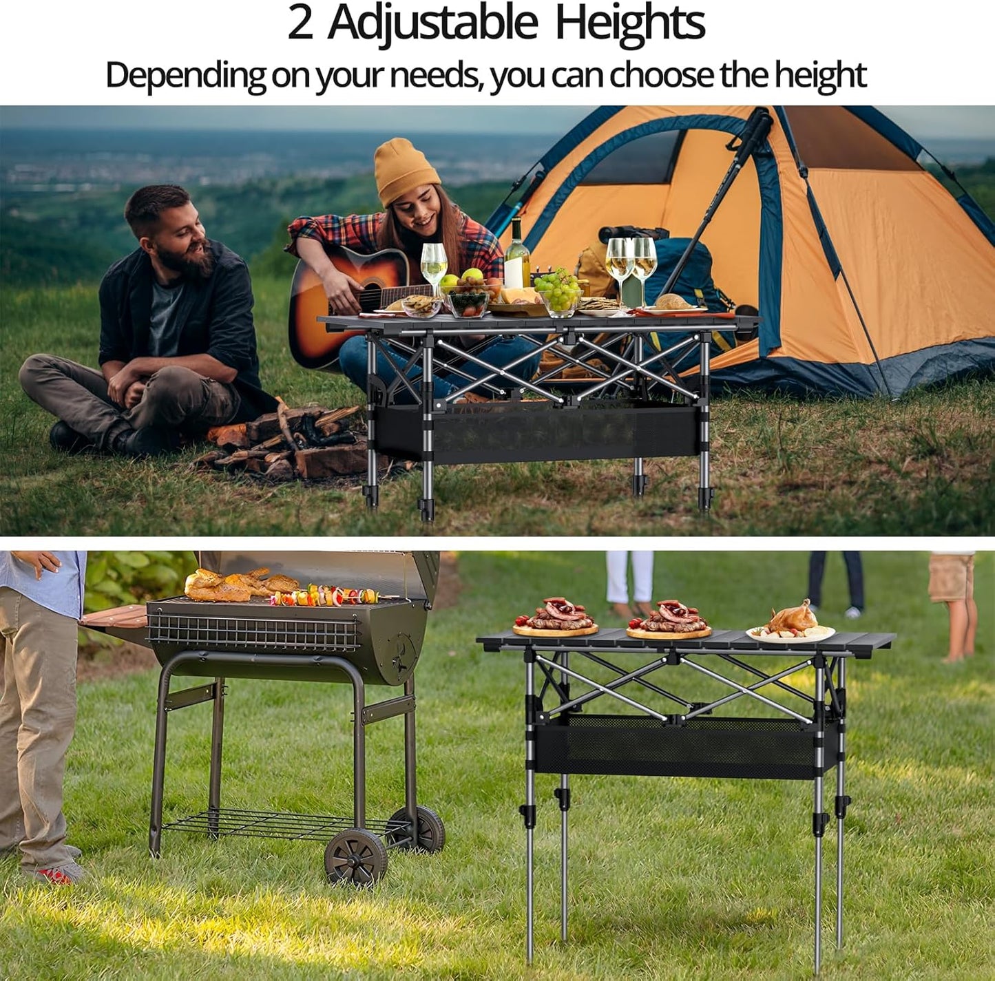 Folding Camping Table, Aluminum Roll Up Camping Table Adjustable Height with Storage Net and Bag, Lightweight Outdoor Table 32.2” X 16”, for Outdoor Travel BBQ Party Picnic, Black
