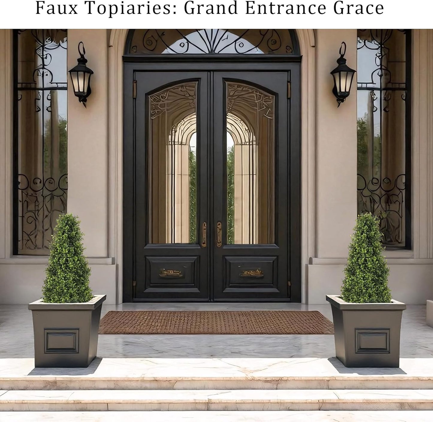 3ft Artificial Boxwood Topiary Trees (Set of 2) - UV Resistant Faux Plants Outdoor, Realistic 36" Fake Cone Bushes and Shrubs for Front Porch, Planter, Patio - Low Maintenance & Evergreen