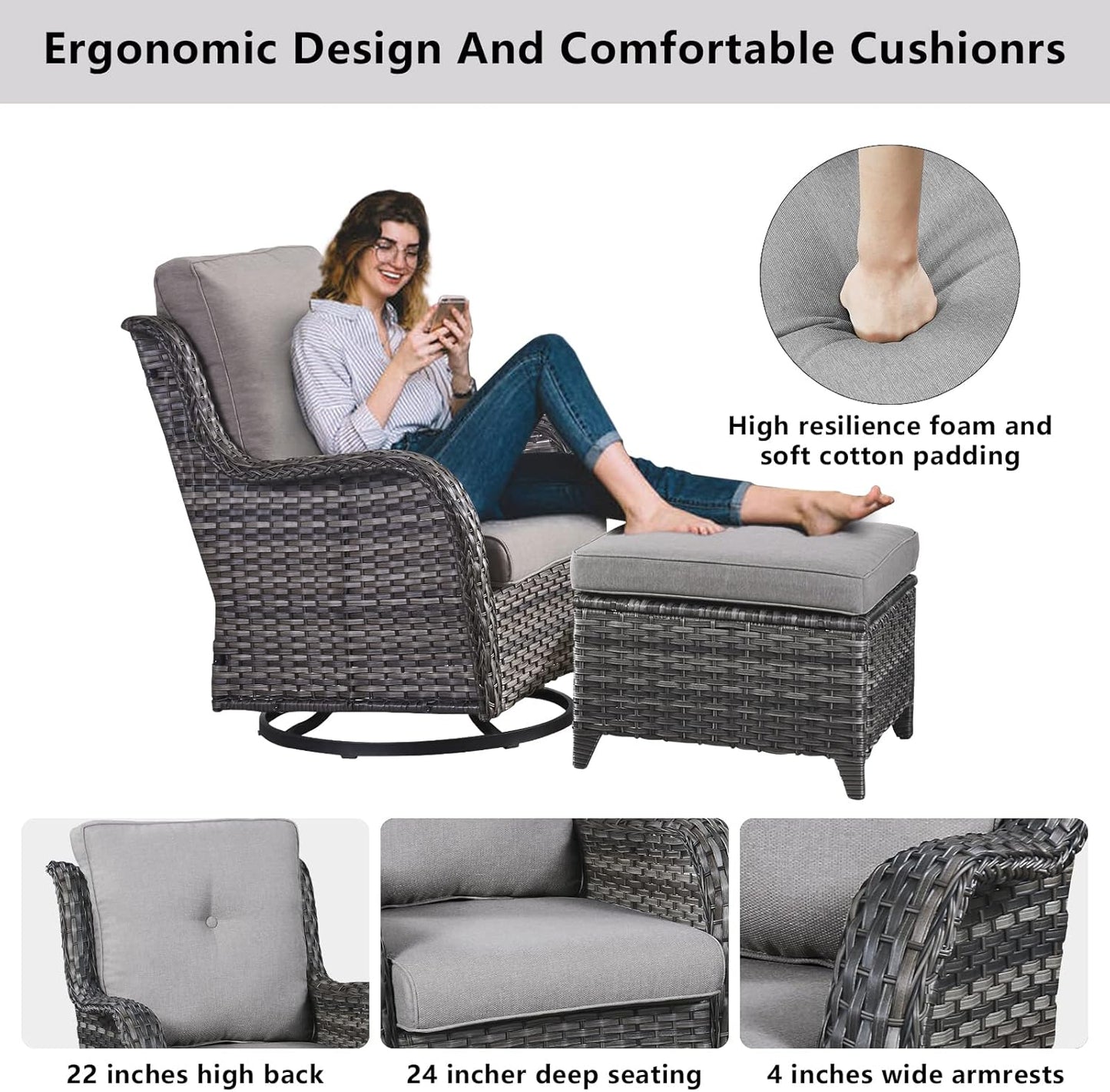 5 Piece Outdoor Patio Furniture Set - Wicker Furniture Patio Conversation Set, Outdoor Swivel Rocker Chairs with 3-Seater Sofa and 2 Ottomans for Small Space, Gray Cushion