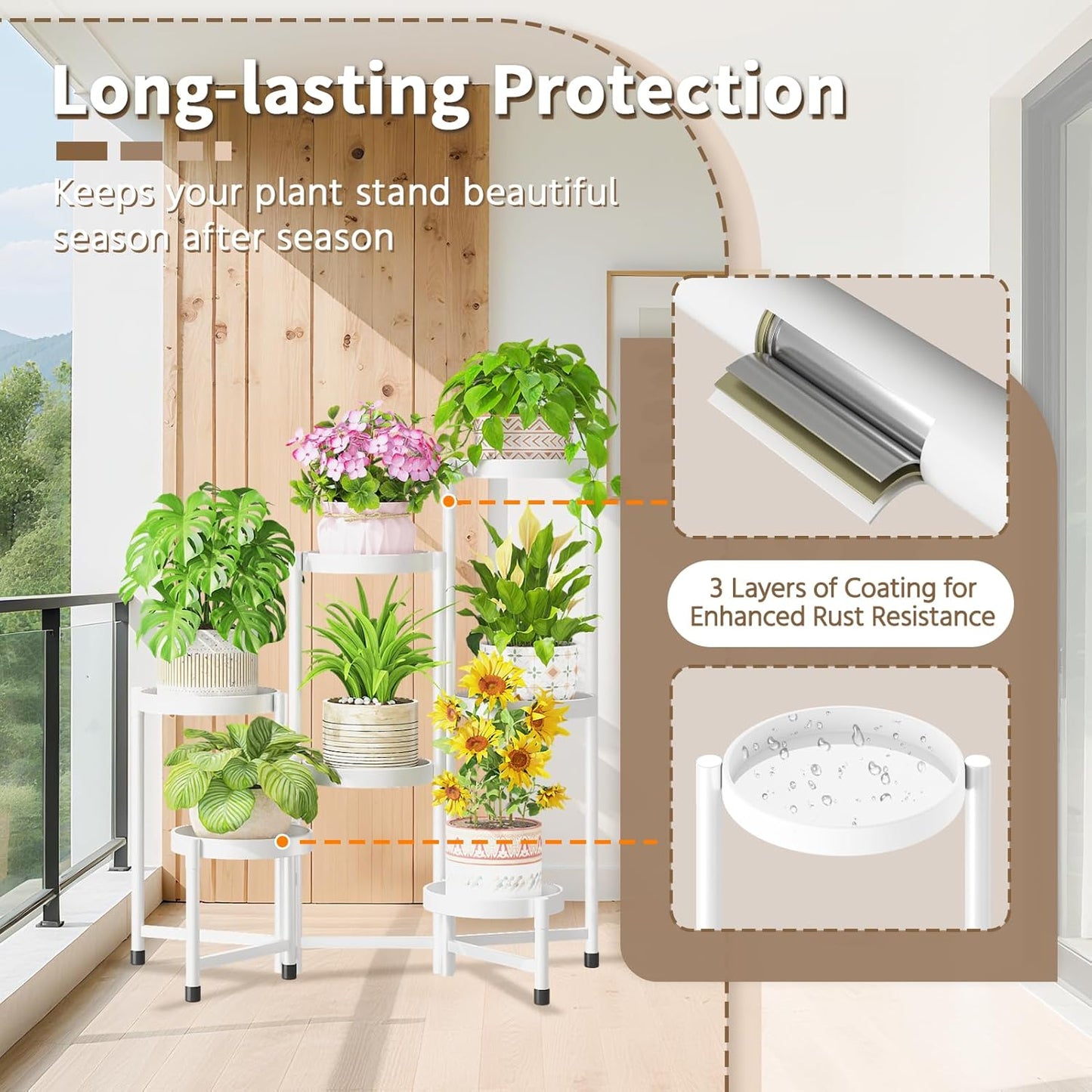 LASZOLA 7 Tiered Folding Plant Stand Indoor for Multiple Large Planter, Tall Heavy Duty Adjustable Rack with Rust Proof 10 Inch Wide Tray, Sturdy Vertical Tree Organizer for Narrow Inside Floor, White