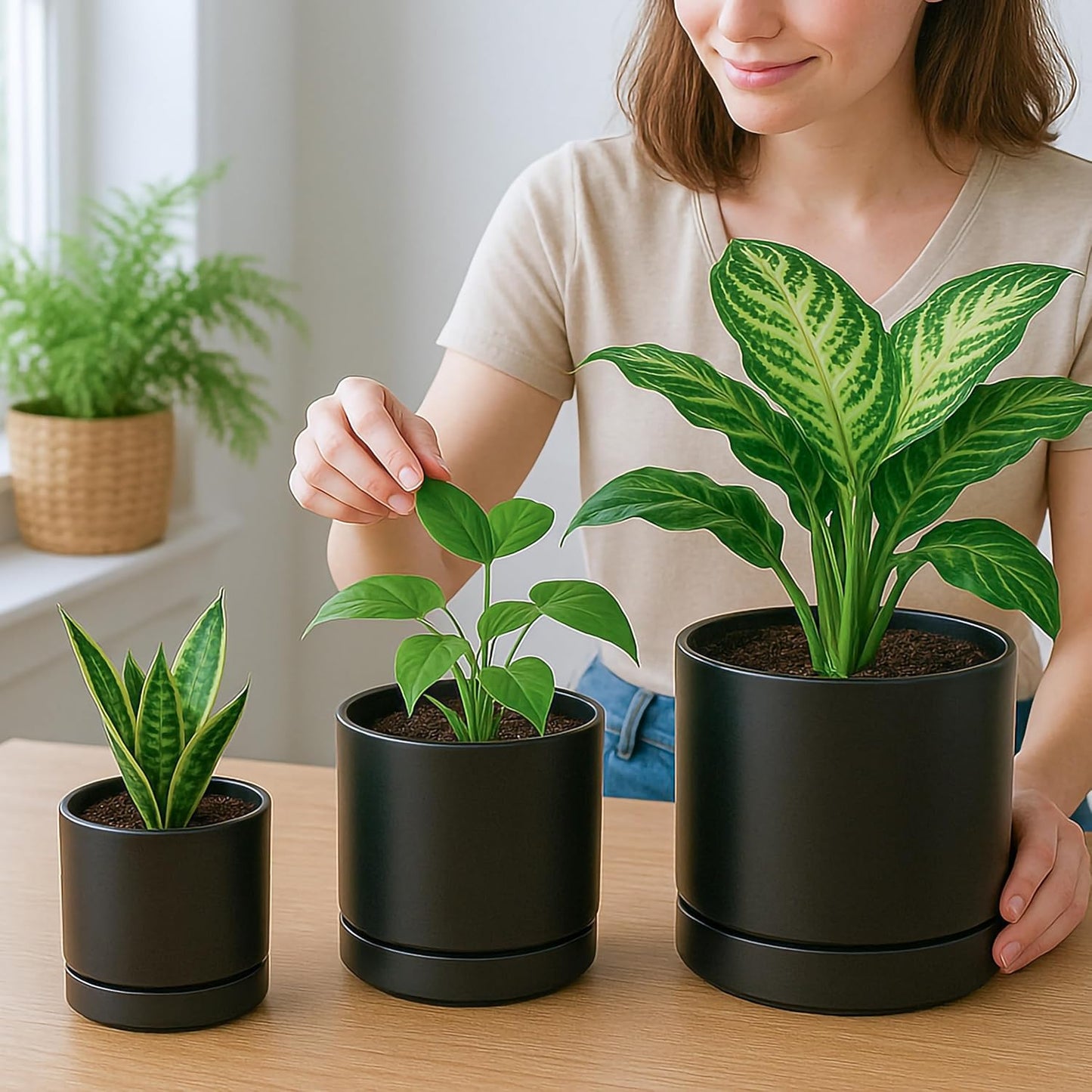 D'vine Dev 4 Inch & 6 Inch & 8 Inch, Set of 3 Round Ceramic Planter Pot with Drainage Hole and Saucer, Black, 94-T-M-2