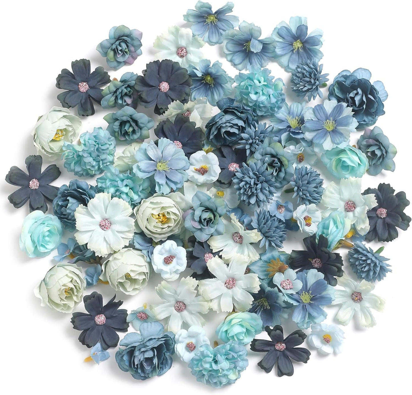 Faux Flower Heads Small Silk Artificial Flower DIY Fake Mini Flowers Rose Daisy Multicolor Flowers Craft Supplies for Wedding Party Wreath Graduation Season Party Home Decor (125, Blue)