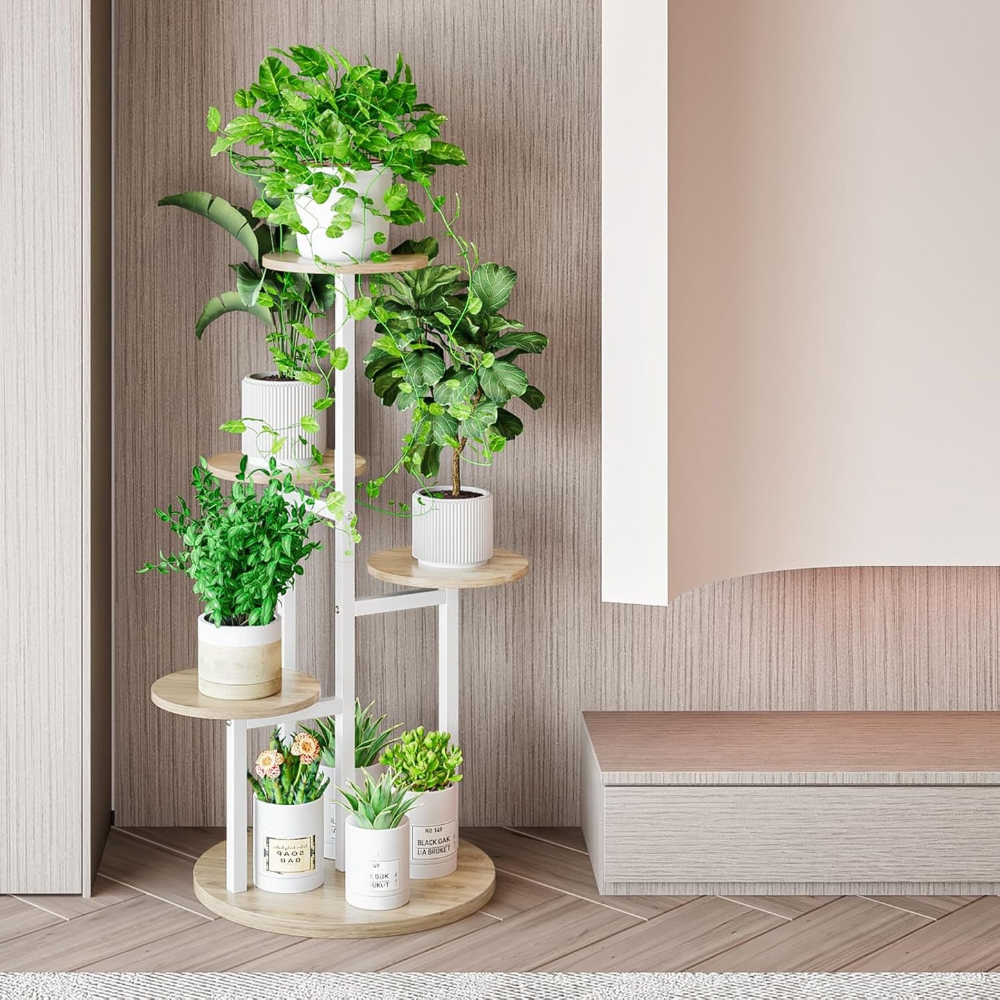 Plant Stand Indoor 5 Tier 8 Potted Multiple Flower Pot Holder for Patio Garden Balcony Living Room Corner (5 Tier White+Sonoma Oak)