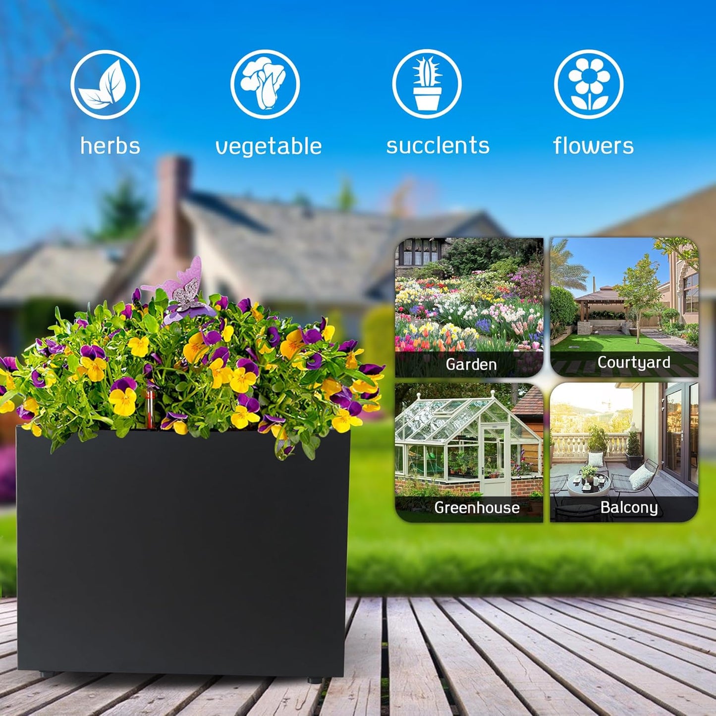 Metal Planter Box Rectangular Planter, 15.7" Lx 9.8" Wx 11.8" H Black Small Planters with Drainage Holes, Galvanized Steel Tall Planters for Patio/Porch