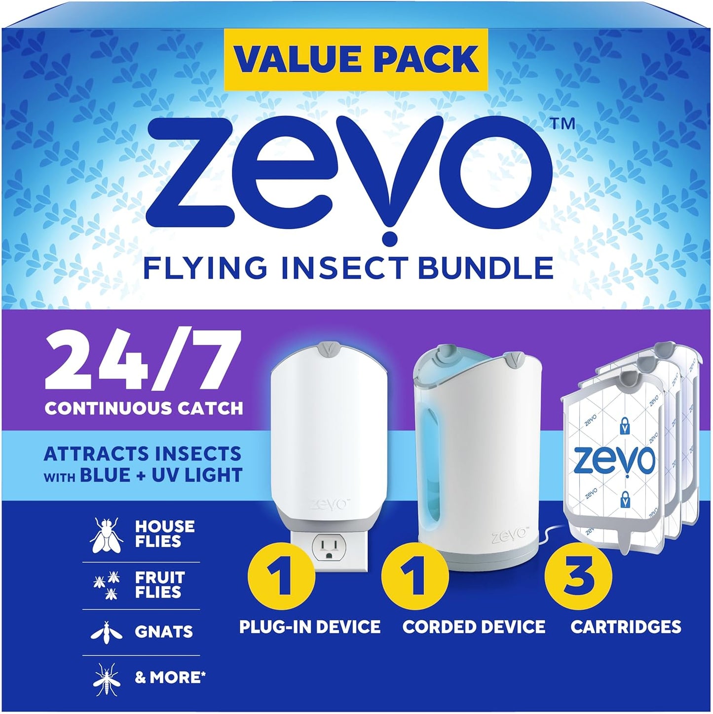 Zevo MAX Bug Catcher & Fly Trap for Indoors - Flying Insect Trap for Gnats, House & Fruit Flies - Use in Any Room - No-Mess Disposal (2 Plug in Bases & 3 Cartridges)