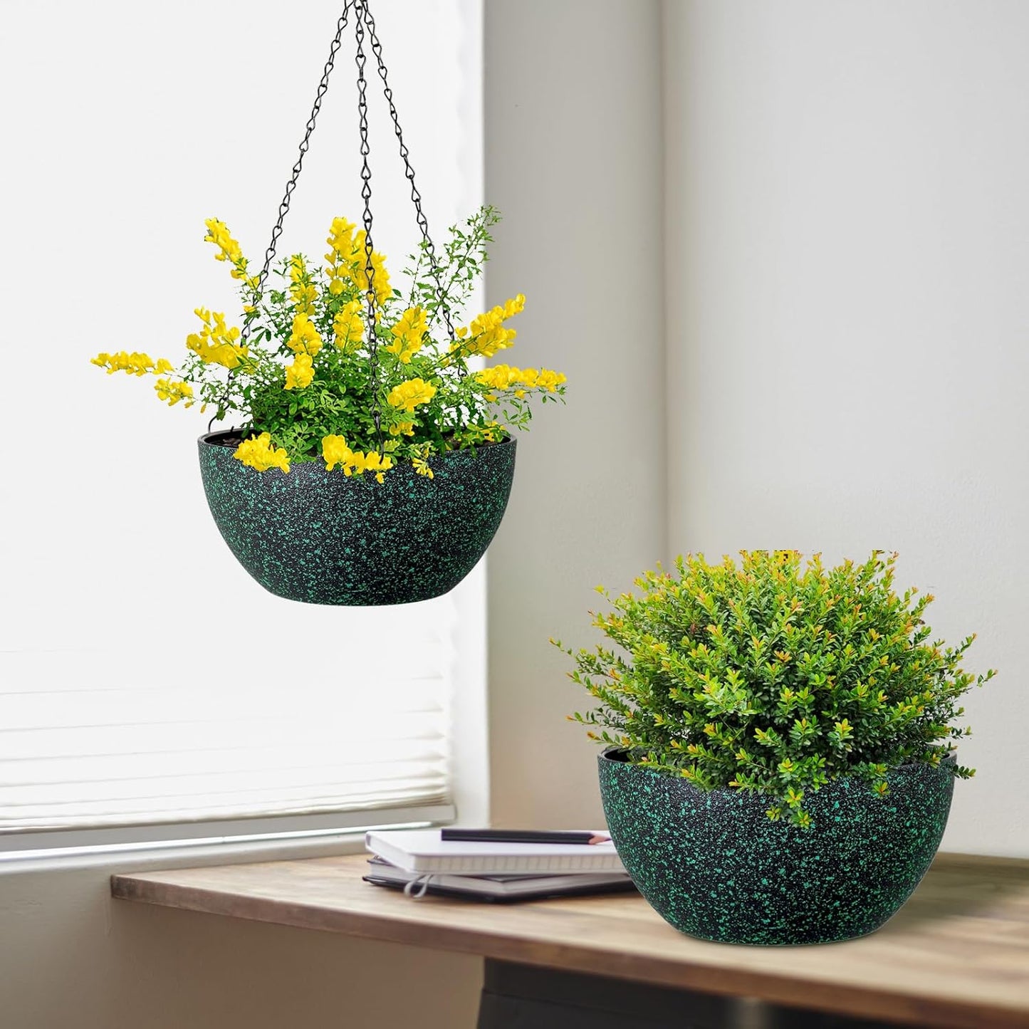 8 inch Small Hanging Planters for Indoor Outdoor Plants, 2 Pack Hanging Flower Pots with Drainage Holes and Chain, Plastic Hanging Baskets for House Plants, Black with Green Speckles
