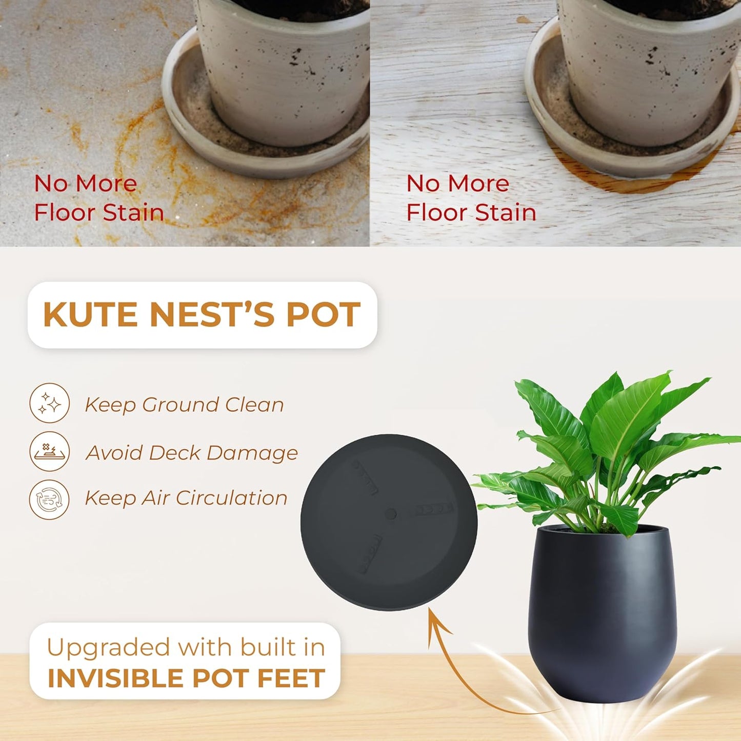 21" H x 19" D Corso Fiberstone Round Planter with Drainage Hole, Smooth Finishes, Weather Resistant for Indoor and Outdoor Use, Included 2 Extra Coco Mats (Black, 15" Pot Opening)